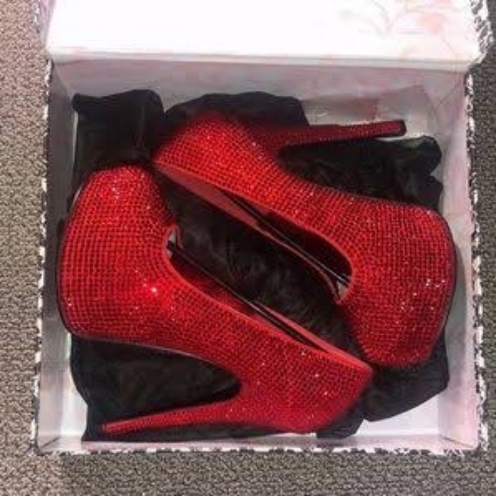 BORDELLO  Tease Sexy Red Rhinestone Satin Hidden Platform 5 3/4" High Heels